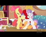  2012 amber_eyes applebloom_(mlp) bed blush book cub cutie_mark cutie_mark_crusaders_(mlp) english_text equine eyes_closed eyewear female friendship_is_magic glasses hair horn horse kissing lesbian long_hair maskarade multi-colored_hair my_little_pony open_mouth oral oral_sex pegasus pony purple_eyes purple_hair pussy red_hair scootaloo_(mlp) sex sweetie_belle_(mlp) tongue tongue_out twist_(mlp) two_tone_hair unicorn wings young 