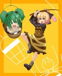  bad_id bad_pixiv_id blonde_hair blush bow bucket bug fang fishing_line fishing_rod green_eyes green_hair hair_bobbles hair_bow hair_ornament hati105 in_bucket in_container kisume kurodani_yamame multiple_girls open_mouth scared short_hair smile spider tears touhou twintails wooden_bucket 