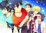  ao_no_exorcist bad_id bad_pixiv_id black_hair blonde_hair blue_eyes brothers grey1109 japanese_clothes multiple_boys okumura_rin okumura_yukio pointy_ears red_hair shakujou shima_juuzou shima_kinzou shima_renzou siblings staff 