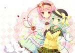  adapted_costume alternate_costume bad_id bad_pixiv_id blush bow cardigan dress eyeball flower green_eyes green_hair hairband hat heart heart_of_string holding_hands interlocked_fingers komeiji_koishi komeiji_satori multiple_girls open_mouth petals pink_eyes pink_hair plaid plaid_skirt red_eyes short_hair siblings silver_hair sisters skirt third_eye touhou wataame27 