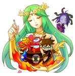  2girls bare_shoulders choker closed_eyes crown fire goddess green_hair jewelry kid_icarus kid_icarus_uprising long_hair medusa_(kid_icarus) molten_rock multiple_girls palutena pit_(kid_icarus) smile stylus wrist_guards 