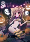  animal_ears blush book bra cat_ears cat_tail ghost halloween highres jack-o'-lantern kuromaru lingerie looking_at_viewer original panties solo striped striped_legwear tail thighhighs twintails underwear underwear_only 