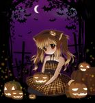  animal_ears bat blush cat_ears crescent_moon cross fishnet_pantyhose fishnets flat_chest halloween jack-o'-lantern kuromaru looking_at_viewer moon original pantyhose sitting solo twintails 