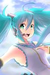  aqua_eyes aqua_hair bad_id bad_pixiv_id breasts cloud cloudy_sky covered_nipples hair_ornament hatsune_miku headset long_hair magister_(medical_whiskey) necktie sky small_breasts solo twintails vocaloid 