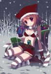  animal_ears bikini_top breasts cat_ears cat_tail gift hat highres kuromaru original purple_eyes scarf short_shorts shorts small_breasts snowing solo striped striped_legwear striped_scarf tail thighhighs 