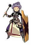  armor bag belt boots brown_eyes fortress_(sekaiju) full_body grin himukai_yuuji mace male_focus official_art pouch purple_hair sekaiju_no_meikyuu sekaiju_no_meikyuu_4 sharp_teeth shield simple_background smile solo standing teeth wavy_hair weapon white_background 