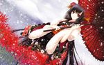  black_hair blush brown_eyes flowers japanese_clothes kimono long_hair nishimata_aoi original scarf snow umbrella 