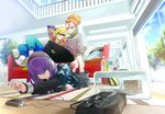  bag belt blonde_hair blue_eyes bottle carpet casual couch digital_media_player dr_pepper earphones green_eyes hayabusa_hideki inazuma_eleven inazuma_eleven_(series) inazuma_eleven_go indoors kita_ichiban long_hair lying male_focus multiple_boys nishinosora_yoichi open_mouth orange_hair ponytail school_bag shared_earphones smile suemitsu_dicca sunglasses table tree 