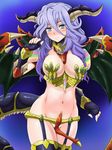  blue_eyes blue_hair breasts cosplay dimensional_armed_monster dimensional_armed_monster_(cosplay) fingerless_gloves gloves groin highres horns large_breasts mameshiba navel no_panties shiony_regis solo super_robot_wars super_robot_wars_z2 thighhighs wings 