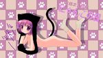  animal_ears blush cat_ears cat_tail checkered checkered_background kuromaru looking_at_viewer lying nude on_stomach original paw_print purple_eyes purple_hair short_hair smile socks solo tail 