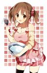  :d apron bare_shoulders bow bowl breasts brown_eyes brown_hair cleavage fujishiro_emyu idolmaster idolmaster_cinderella_girls jewelry medium_breasts necklace open_mouth plaid skirt sleeves_pushed_up smile solo thighhighs totoki_airi twintails whisk zettai_ryouiki 