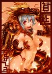  2012 :d animal_costume arched_back bare_shoulders border breasts censored claws cleavage convenient_censoring dragon dragon_costume eastern_dragon embers grey_hair groin hei_(heiyohei) highres large_breasts looking_at_viewer navel new_year open_mouth original red_eyes shiny shiny_skin smile solo 