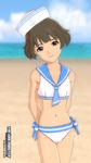  3d akizuki_ryou antenna_hair bare_shoulders beach bikini brown_hair crossdressing cute_&amp;_girly_(idolmaster) day game_cg green_eyes hat idolmaster idolmaster_dearly_stars male_focus navel ocean official_art otoko_no_ko outdoors sand screencap seaside short_hair sky smile solo swimsuit 