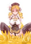  bad_id bad_pixiv_id blonde_hair clenched_teeth drill_hair hair_ornament hal360 hat mahou_shoujo_madoka_magica panties pantyshot pantyshot_(squatting) slime solo spread_legs squatting sticky stuck teeth thighhighs tomoe_mami twin_drills twintails underwear yellow_eyes 
