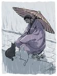  black_cat cat geta japanese_clothes joka_(hiwai) kimono male_focus original rain socks solo squatting 