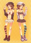  :p asymmetrical_clothes bad_id bad_pixiv_id bare_shoulders bow breasts brown_eyes brown_hair checkered checkered_background cleavage flipped_hair futami_ami futami_mami hair_bow hat highres idolmaster idolmaster_(classic) idolmaster_cinderella_girls jacket midriff multiple_girls navel one_eye_closed sh346 shoes siblings sisters skirt small_breasts socks standing striped striped_legwear thighhighs tongue tongue_out twins 