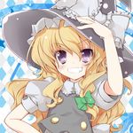  blonde_hair bow braid colorized gotou_nao grin hair_bow hat highres kirisame_marisa long_hair okino_ryuuto purple_eyes smile solo touhou upper_body witch_hat 