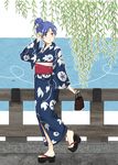  bag blue_hair blue_kimono hair_bun idolmaster idolmaster_(classic) japanese_clothes kimono kisaragi_chihaya long_hair sandals solo teru_(grafroller) yukata 