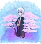  androgynous bad_id bad_pixiv_id blue_eyes cherry_blossoms copyright_request necktie school_uniform short_hair solo white_hair yoshitomo_(koucha) 