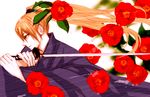  camellia copyright_request flower hairband japanese_clothes line orange_hair red_eyes solo sword weapon 
