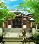  bad_id bad_pixiv_id blue_sky box brown_hair cat day donation_box food grin haruo_(clownberry) highres lantern nature original popsicle rope scenery school_uniform shide shimenawa shrine shrine_bell sitting sitting_on_stairs sky smile solo stairs tree 