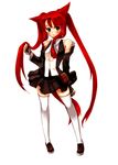  animal_ears black_eyes blush copyright_request detached_sleeves fingerless_gloves gloves gwayo long_hair necktie red_hair solo tail thighhighs twintails 