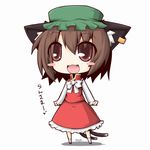  :3 animal_ears bad_id bad_pixiv_id blush brown_eyes brown_hair cat_ears cat_tail chen chibi china_dress chinese_clothes dress earrings fang hat jewelry multiple_tails reku ribbon solo tail touhou 