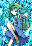  blue_hair dress hair_bobbles hair_ornament hat kawashiro_nitori shoes socks solo touhou two_side_up yuuhodou 