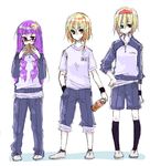  alice_margatroid alternate_costume bespectacled blonde_hair book braid clothes_writing contemporary crescent crescent_hair_ornament glasses gym_uniform hair_ornament kirisame_marisa long_hair multiple_girls oekaki patchouli_knowledge sleeves_pushed_up sportswear tadano_kagekichi touhou wristband 