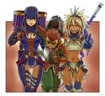  2girls armor blonde_hair carrying dark_skin gypceros_(armor) hairband happy helmet horn kirin_(armor) long_hair midriff mimonel monster_hunter multiple_girls torn_clothes v 