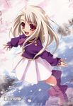  boots cherry_blossoms fate/stay_night fate_(series) hiroyama_hiroshi illyasviel_von_einzbern long_hair petals purple_footwear red_eyes reflection skirt smile solo 