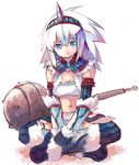  blue_eyes elbow_gloves gloves hairband horn indian_style kirin_(armor) mace midriff monster_hunter shati sitting solo spikes weapon white_hair 