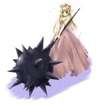  artist_request blonde_hair copyright_request dress huge_weapon long_hair mace pointy_ears solo strapless strapless_dress weapon 