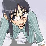  all_fours bad_id bad_pixiv_id breasts cleavage face flcl glasses lowres medium_breasts ninamori_eri oekaki oomori_harusame pajamas purple_eyes purple_hair solo sweat 