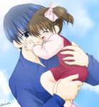  1girl blue_eyes blue_hair blush bow brown_hair child child_carry closed_eyes day dress ever_17 father_and_daughter hair_bow holding hug kuranari_takeshi matsunaga_sara min pink_bow short_hair short_twintails signature sky smile twintails 