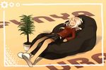  bad_id bad_pixiv_id bean_bag_chair bonsai closed_eyes copyright_request happy long_hair lying slippers solo sweater white_hair yoshitomo_(koucha) 