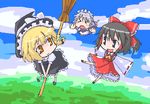  &gt;_&lt; bad_id bad_pixiv_id black_hair blonde_hair broom broom_riding chibi closed_eyes hakurei_reimu izayoi_sakuya kirisame_marisa multiple_girls nekoyama touhou white_hair 