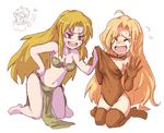  2girls :d anger_vein angry barbariccia barefoot blonde_hair brown_leotard chibi chibi_inset collar_grab crossover crying falliccia final_fantasy final_fantasy_iv hand_on_hip hanjuku_hero kara_(color) kneeling leotard long_hair multiple_girls navel open_mouth samakante scared sitting smile streaming_tears sweatdrop tears thighhighs 