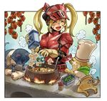  animal armor blonde_hair cat chef closed_eyes cooking felyne food gloves happy hermitaur_(armor) mimonel monster_hunter orz scar tears twintails 
