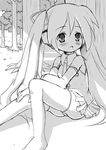 blush greyscale hatsune_miku long_hair monochrome pikazo sitting sketch solo thighhighs tree twintails under_tree very_long_hair vocaloid 