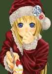  bad_id bad_pixiv_id badge blonde_hair blue_eyes blush cake christmas copyright_request covering_mouth feeding food fruit hand_over_own_mouth hat long_hair okiru pastry pins pov_feeding santa_costume santa_hat solo strawberry 