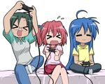  &gt;_&lt; bad_id bad_pixiv_id blue_hair blush closed_eyes game_console glasses green_hair izumi_konata kobayakawa_yutaka lucky_star mole mole_under_eye multiple_girls nagian narumi_yui playing_games playstation playstation_2 raglan_sleeves socks video_game 