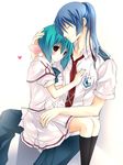  1girl aqua_hair bangs black_legwear blue_bow blue_hair blue_neckwear blue_pants blush bow bowtie brown_eyes capelet closed_eyes couple hair_ribbon hand_on_another's_chest hand_on_another's_head head_to_head heart hetero hug kneehighs leaning_on_person long_hair macross macross_frontier necktie pants pink_ribbon pleated_skirt ponytail puffy_short_sleeves puffy_sleeves ranka_lee red_neckwear red_ribbon ribbon saotome_alto school_uniform shirt short_hair short_sleeves simple_background sitting sitting_on_lap sitting_on_person skirt smile tassel vanilla_(nicolla) white_background white_shirt white_skirt 