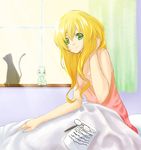  adjusting_hair backlighting bad_id bad_pixiv_id bed blanket blonde_hair bloom cat curtains doll eyewear_removed glasses green_eyes hand_in_hair kyon_(fuuran) light_smile long_hair original paper pen shadow sitting smile solo sunlight under_covers window 