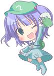  alcohol artist_request beer blue_hair chibi green_eyes hair_bobbles hair_ornament hat kawashiro_nitori key lowres midriff smile solo touhou two_side_up 