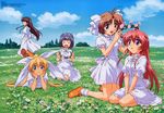  artist_request blonde_hair blue_hair brown_hair cloud day dress field flower flower_field hayasaka_hiyori head_wreath katase_yuki kouzu_asami mizuiro multiple_girls onosaki_kiyoka pink_hair sky 