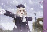  absurdres blush coat fate/stay_night fate_(series) hat highres illyasviel_von_einzbern long_hair purple_hat red_eyes snow solo takeuchi_takashi white_hair 