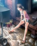  bad_id bad_pixiv_id bike_shorts black_eyes black_hair computer feet flower geta glasses laptop legs long_legs original rezi sandals sitting solo tank_top television toes twintails veranda 