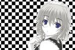  bad_id bad_pixiv_id blue_eyes checkered checkered_background hareno_chiame izayoi_sakuya maid monochrome ribbon solo spot_color touhou 