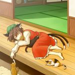  :3 animal_ears barefoot brown_hair cat cat_ears cat_tail chen earrings feet hat jewelry kannari lying multiple_tails on_side porch short_hair sleeping solo tail too_many too_many_cats touhou veranda 